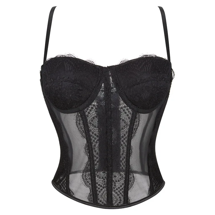 

Sexy Gauze Corset for Women Thin Strap Padded Cup Corset Top 9 Glue Bones Black Translucent Mesh Lace Bustier Rear Buckle Corset