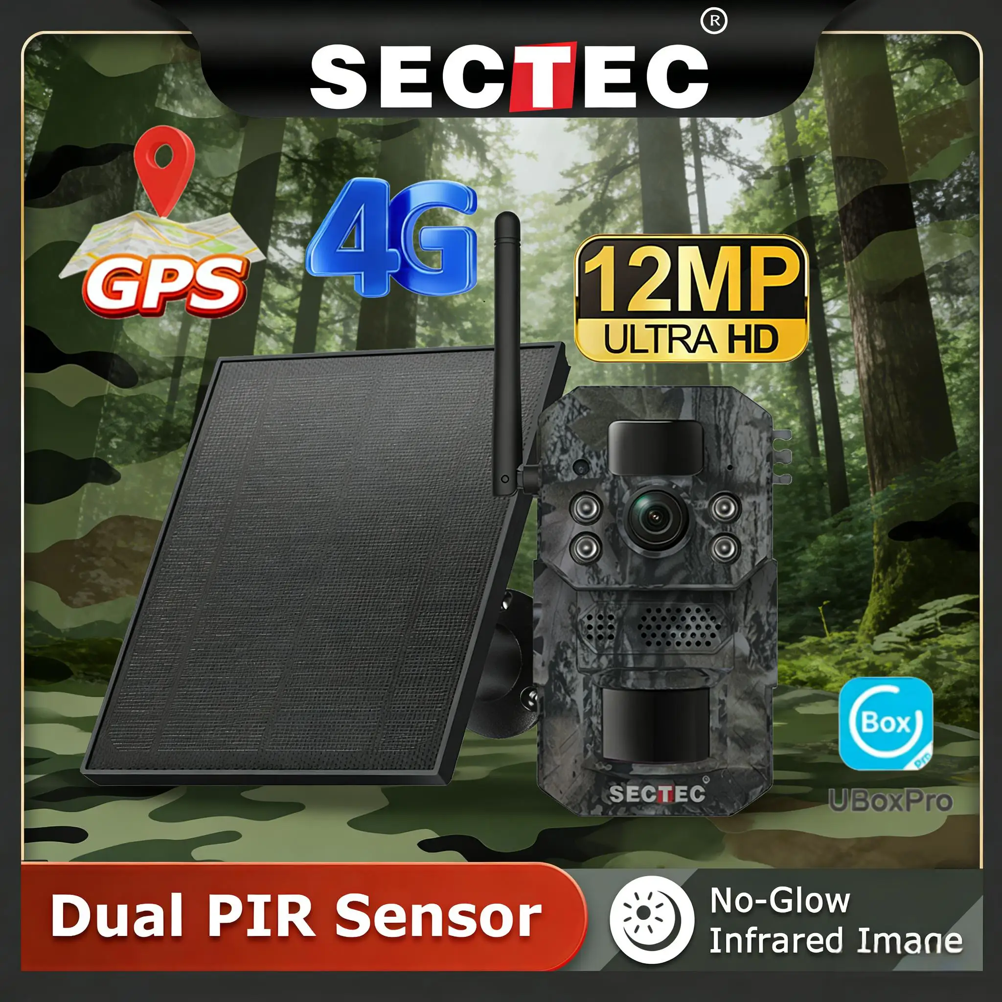 Sectec 12MP 4G Solar Hunting Camera GPS Positioning PIR Animal Identification Tracking Color Night Vision IP66 Waterproof