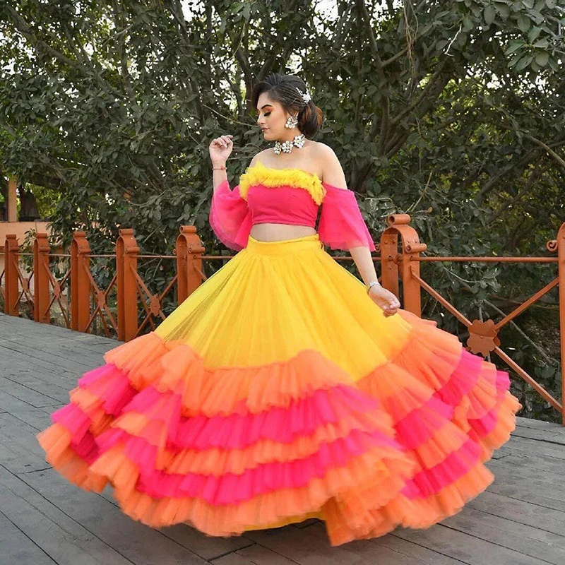 

Yellow Fuchsia And Yellow Long Skirt 2022 New Design Mix Colorful Tiered Tulle Women Skirts Saia Fllor Length Formal Party Wear