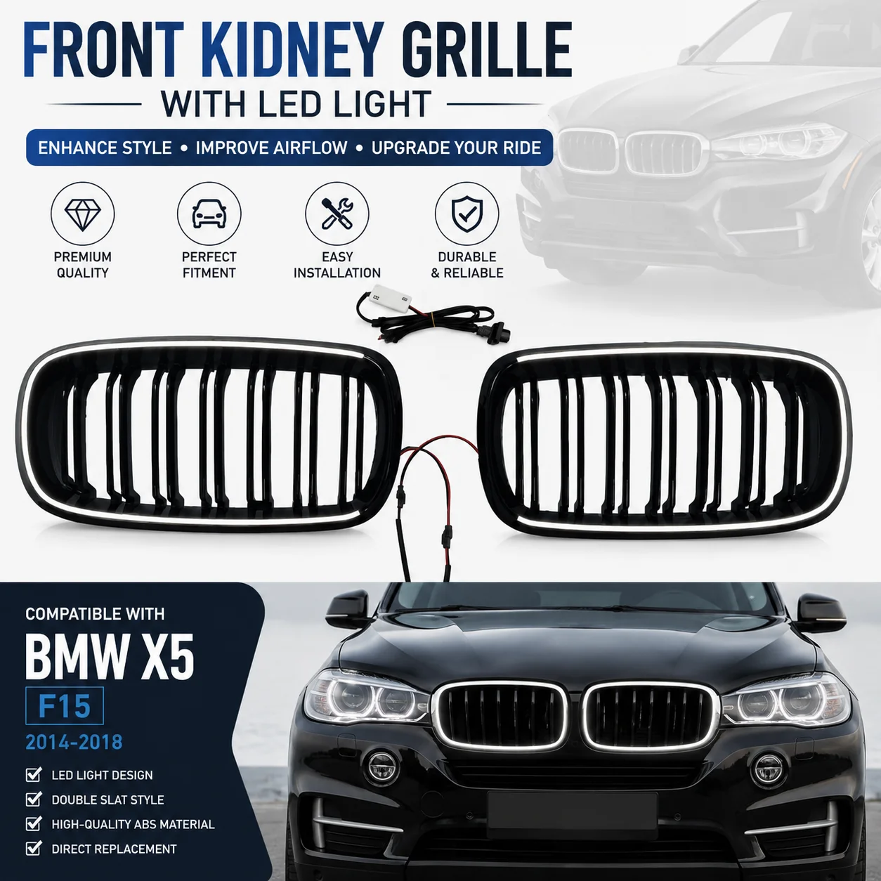 Double Slats Front Kidney Grille Assembly with LED Light Compatible for 2014 2018 BMW X5 F15 Car Bumper Grill Auto Accessories