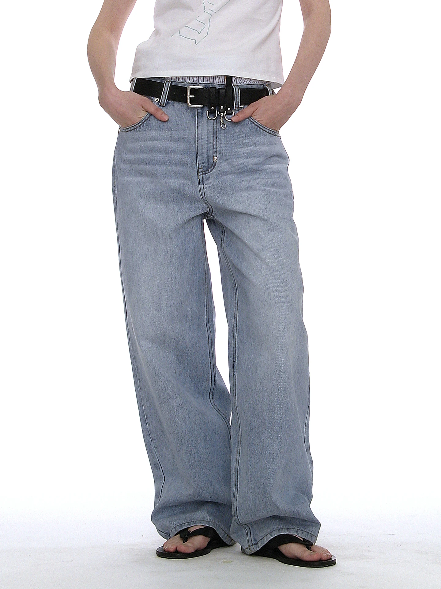 

13-Ounce Cotton-Polyester Blend American Wide-Leg Jeans PARTIMENTO Mid-High Waist Button Fly Long Pants Vintage Style High Waist