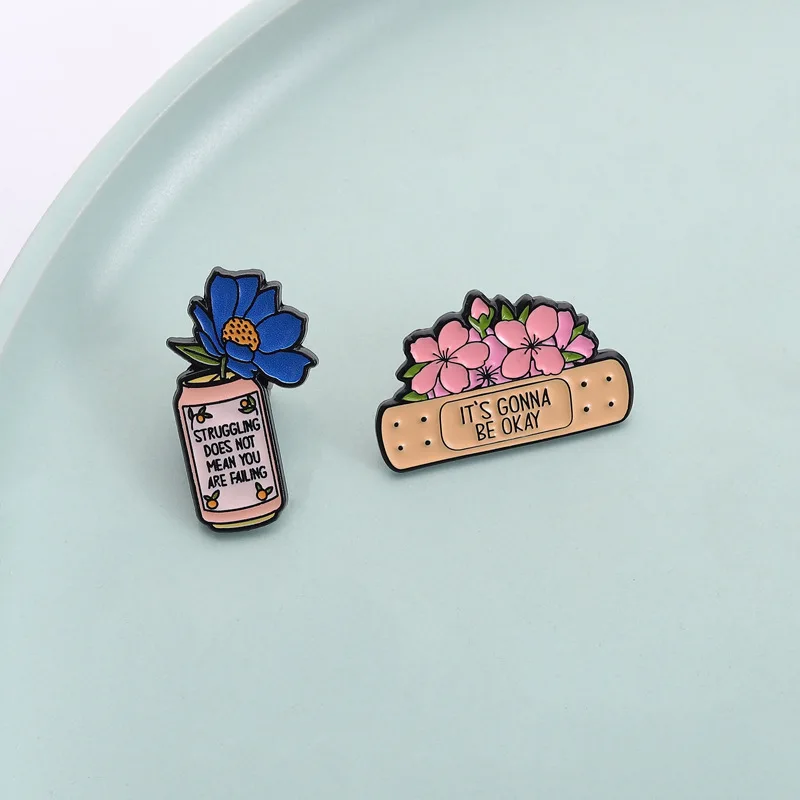 Creative Floral Healing Theme Brooch Pins Band-Aid Cans Blossom Flowers It's Gonna Be Okay Badge Lapel Pin Accessory On Backpack