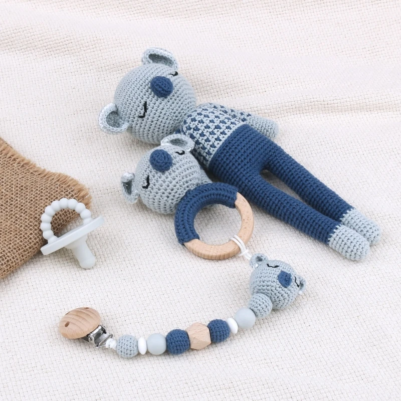 Crochet Animal Pacifier Chain Newborn Teething Rattle Education Handbell Anti-Drop Cotton Clip Baby Teething Gift