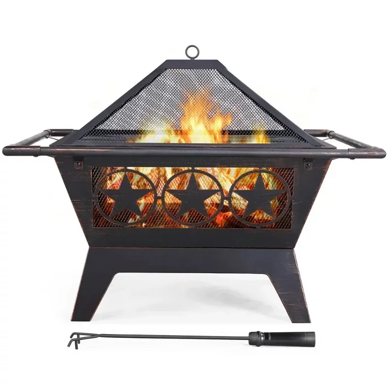 Iron Fire Pit Heating Equipment BBQ Fire Bowl with Mesh Cover Grills Poker for Patio Garden Camping