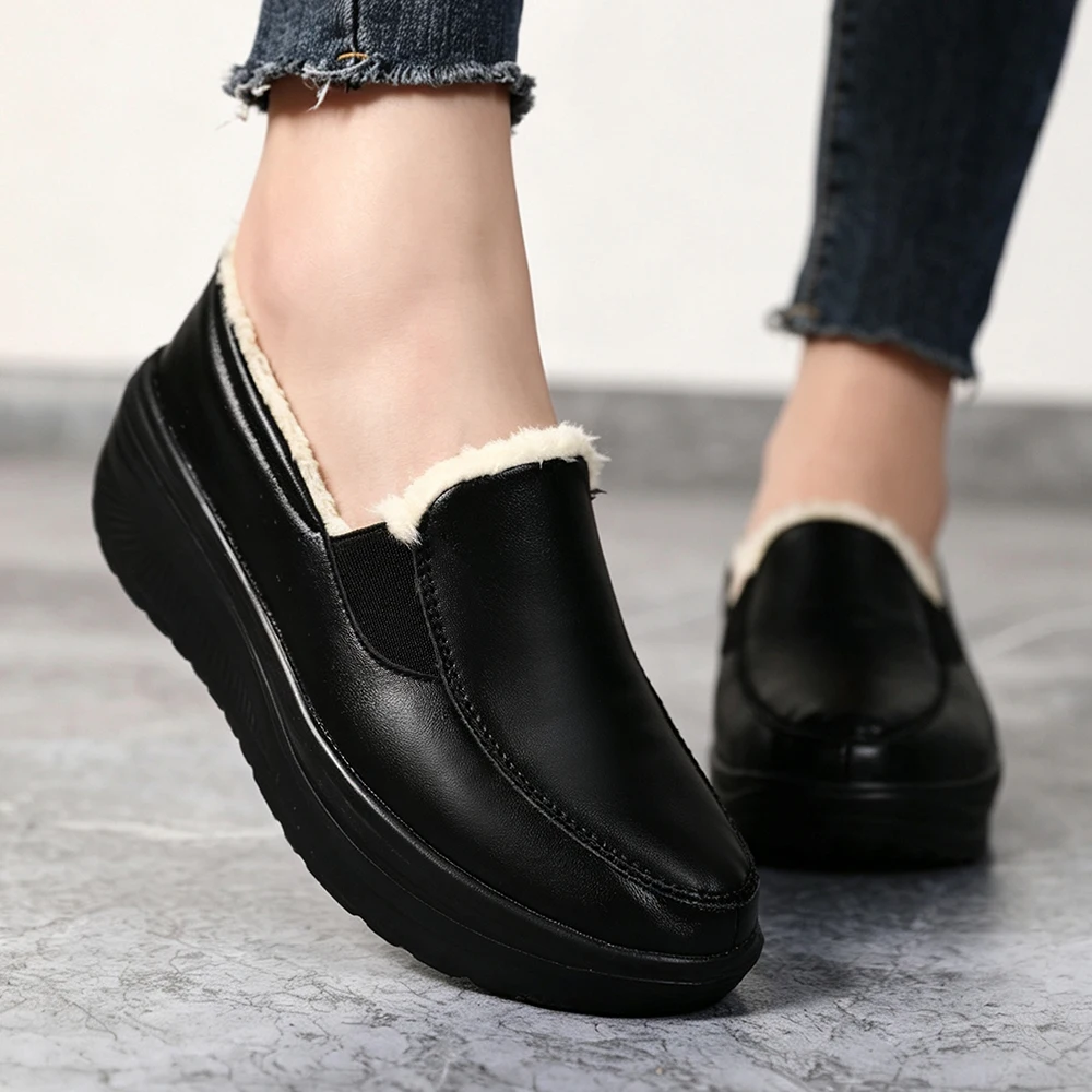 Women's Leather Wedge Swing Shoes Fleece Lined Soft Outsole Slip On Work Shoes Black Plus Size Ladies Platform Single Shoes