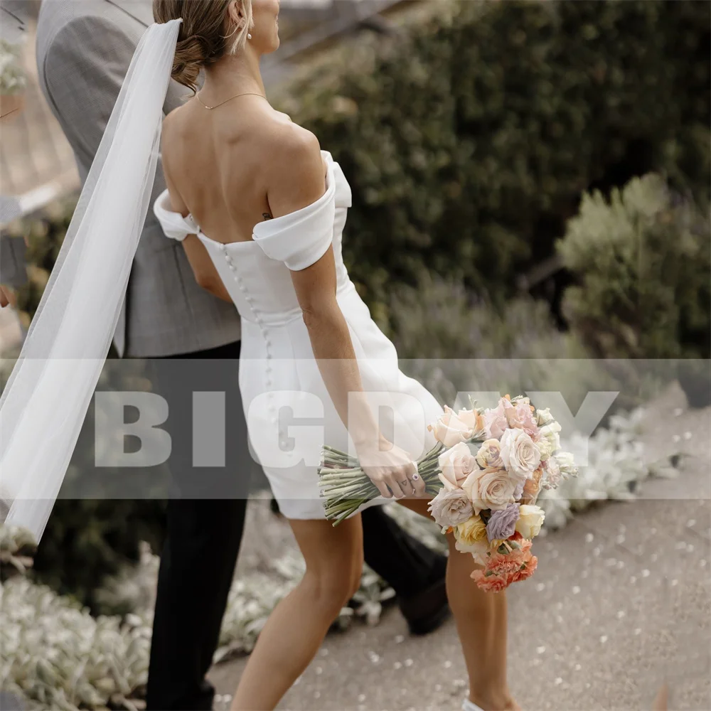 BIGDAY Off The Shoulder Pleat Sheath Short Wedding Dress 2025 Boat-Neck Open Back Pleat Bridal Gown Vestidos De Noiva Customized