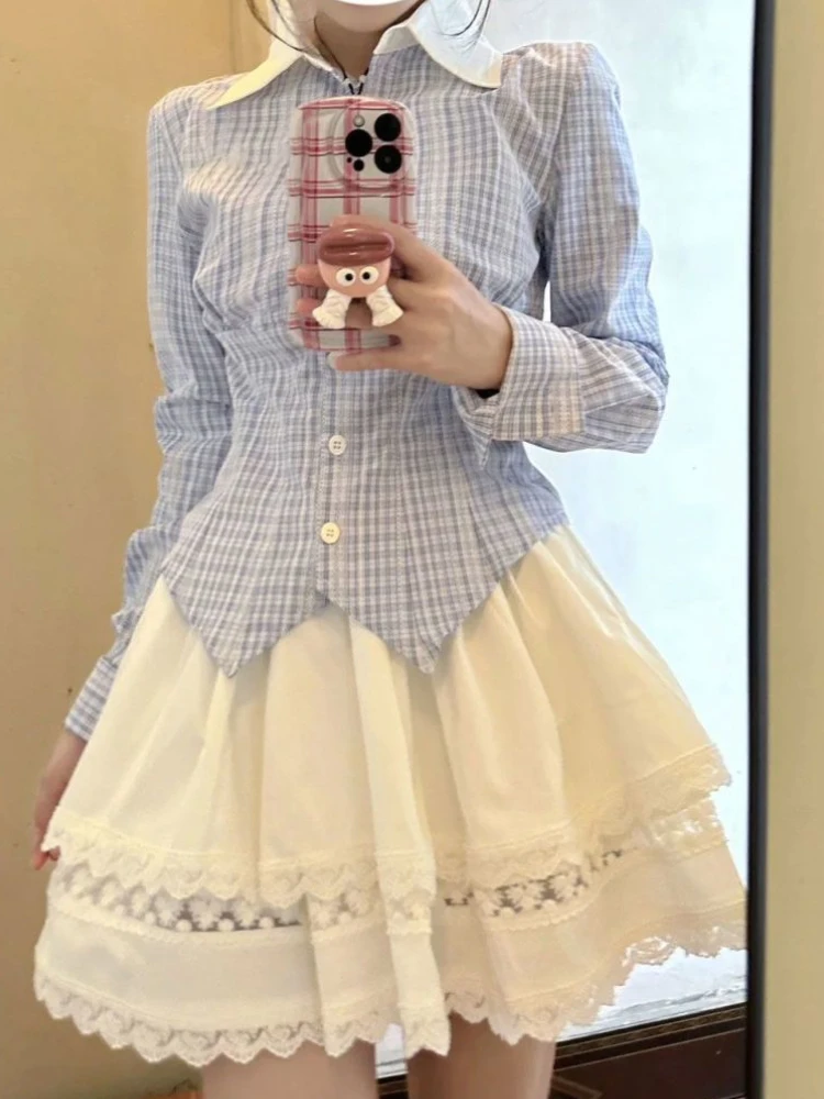 Japanese Kawaii Two Piece Set Women Autumn Plaid Blouse Lace Mini Skirt Sets Female Sweet Cute Chic Evening Party Skirt Set Y2k