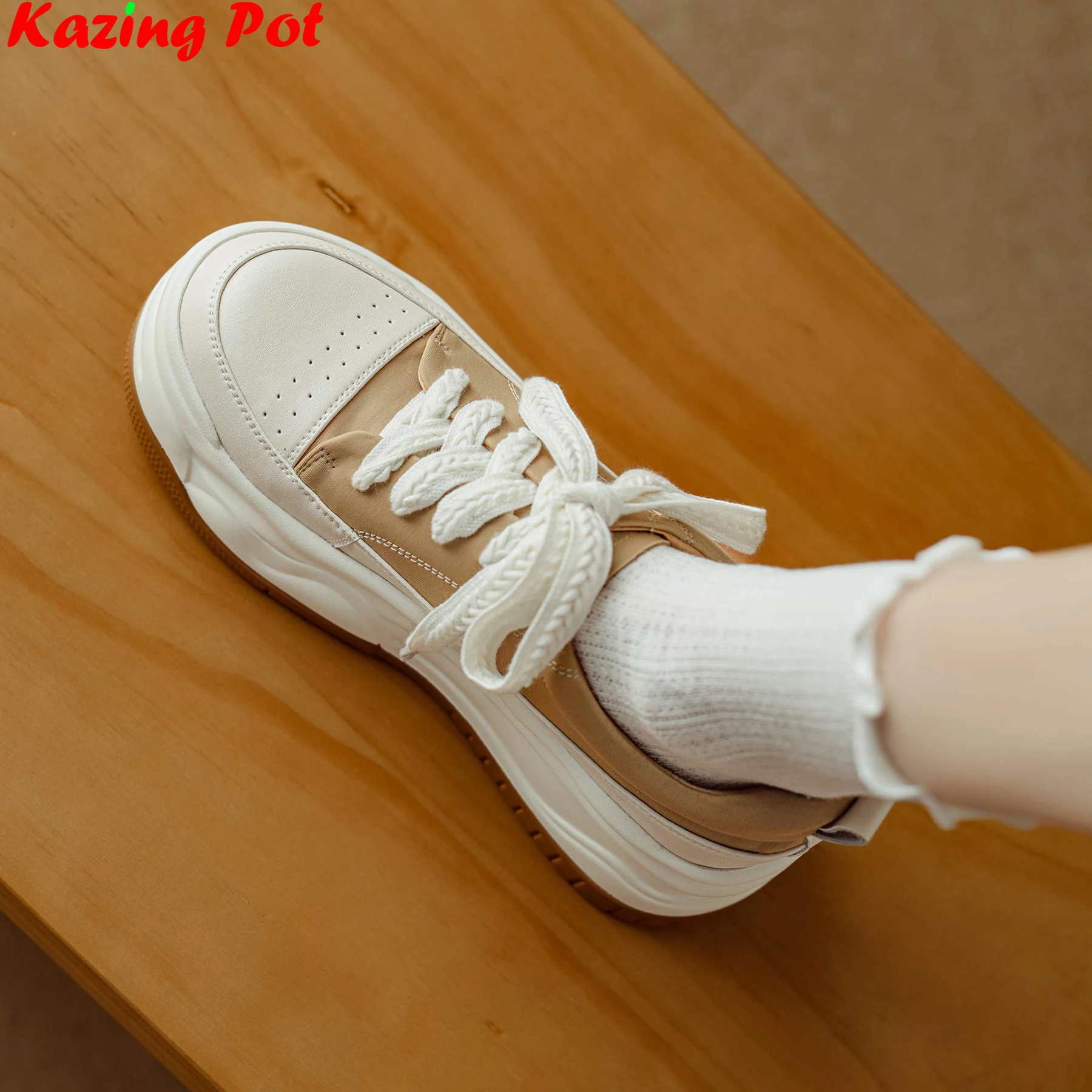 

Krazing Pot Cow Leather Thick Bottom Concise Casual Shoes Spring Fall Fashion Sneakers Lace Up Luxury Ins Women Vulcanized Shoes