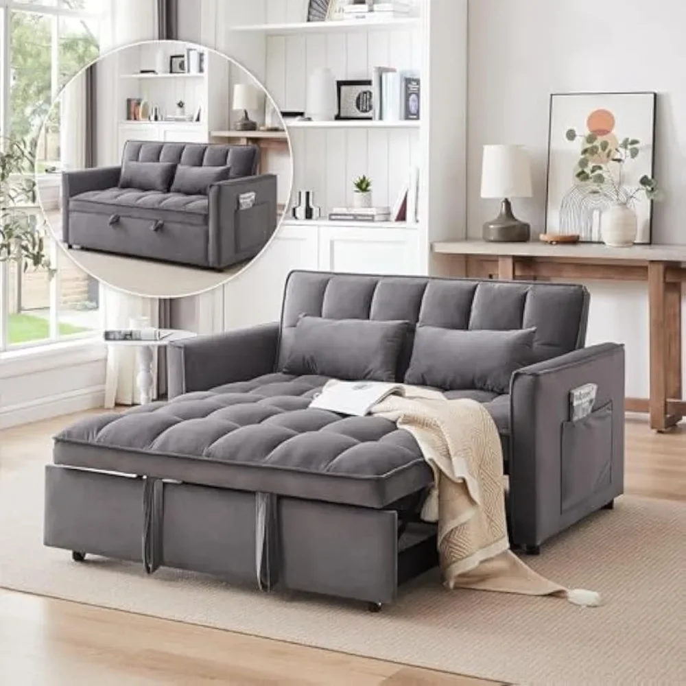 3 in 1 Sleeper Sofa Couch Bed, Velvet Convertible Sofa Bed with Armrests, Storage Pockets & 2 Pillows, Modern Sofa Bed