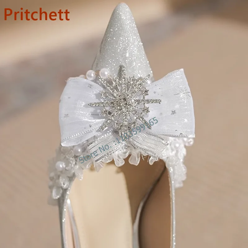 Butterfly Knot Lace Pumps Pointy Toe Thin Heels Ankle Pearls Chain Wedding Shoes Button Solid Silvery Stiletto Shoes Gorgeous