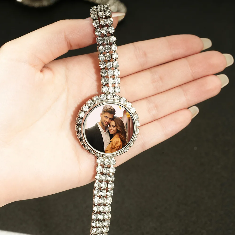 

Personalized Photo Charm Bracelet - Custom Picture Couples/Family Bracelet for Women, Rhinestone Chain Jewelry Gift