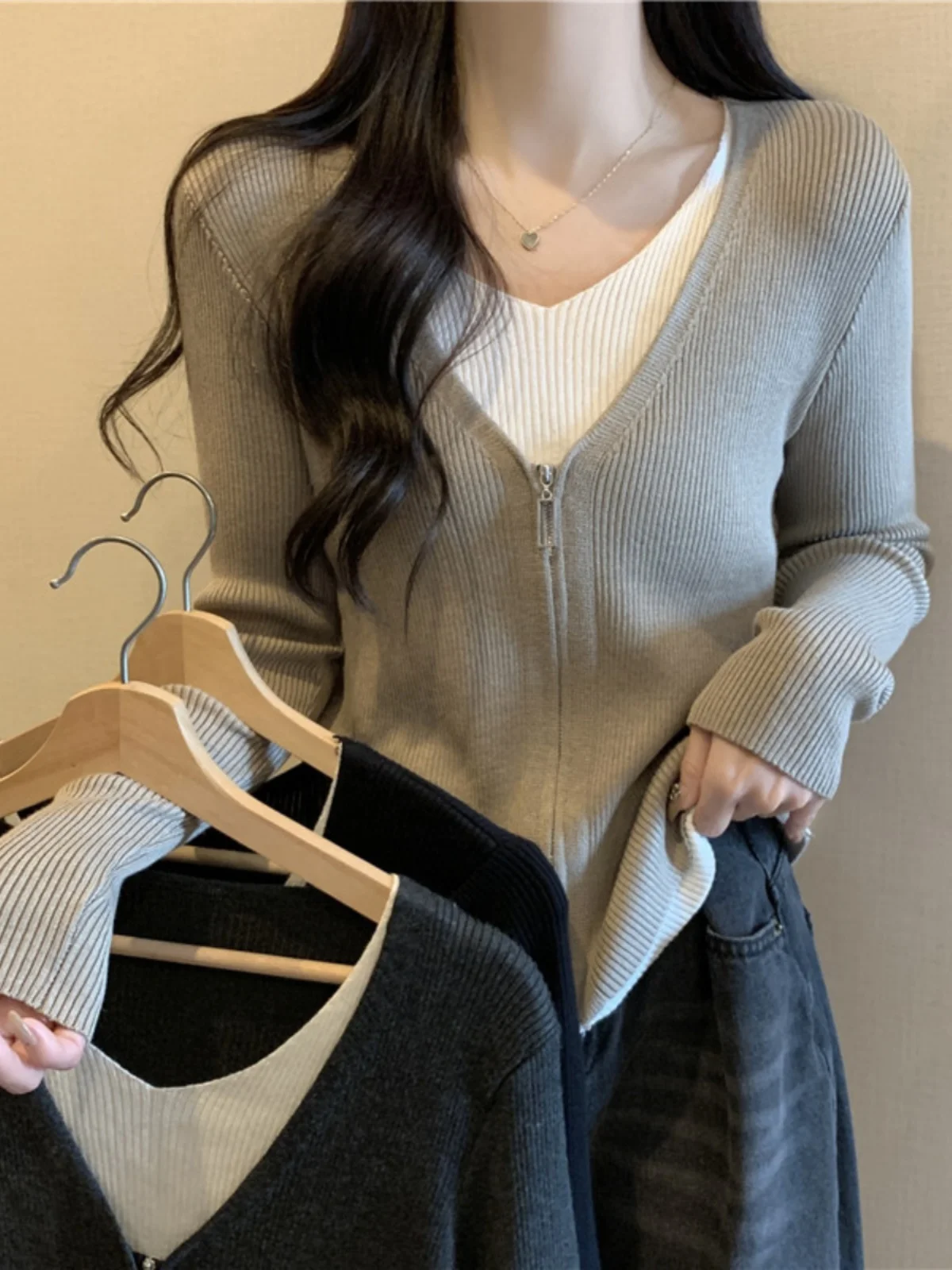 

plus Size Women's Knitted Open Cardigan Inner Wear Base irt Fake Two-Piece Sle Autumn Faion Design Korean Loose Fit Lon...