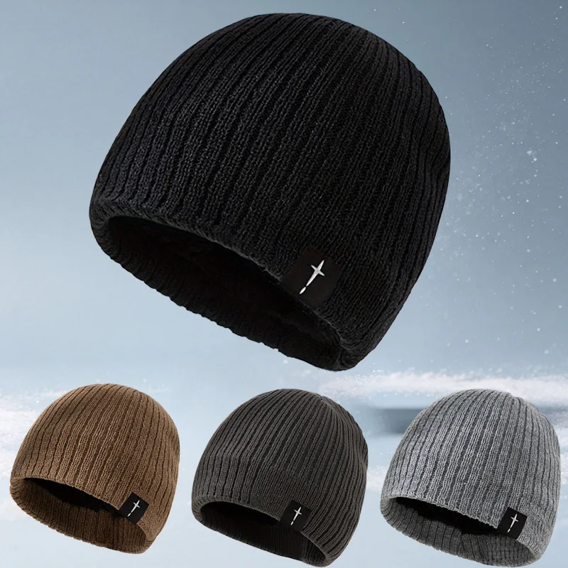 1PC Cross-shaped label knitted cap, warm for both men and women, outdoor warm cap without brim, casual hat winter hat