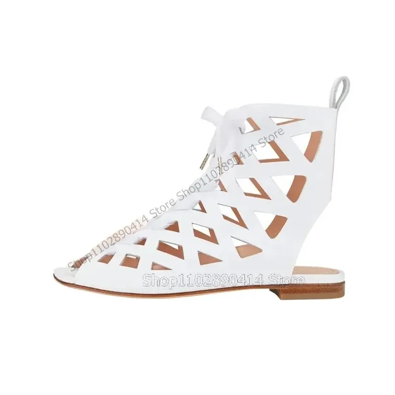 

White Hollow Design Cut Heel Cross Tied Sandals Lace Up Women Shoes Chunky Heels Novel Fashion Banquet 2023 Zapatos Para Mujere