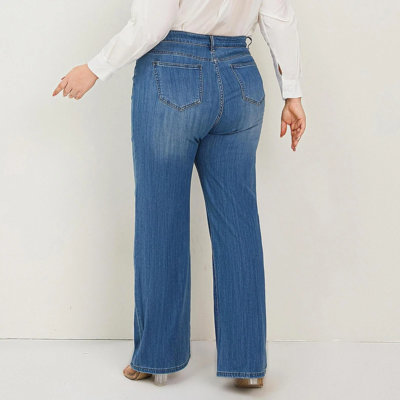 2022 Plus Size Wide Leg Women Jeans Straight Fitting High Waist Stretchy Washing Full Length 175cms Tall Jeans Curve Women Jeans