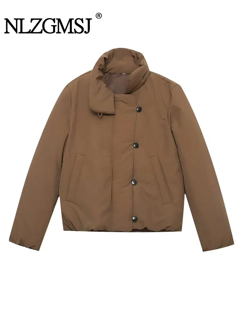 

NLZGMSJ Vintage Casual Chic Bomber Jacket Solid Button Pockets Long Sleeve Coats Fashion 2025 Autumn Winter Outwears