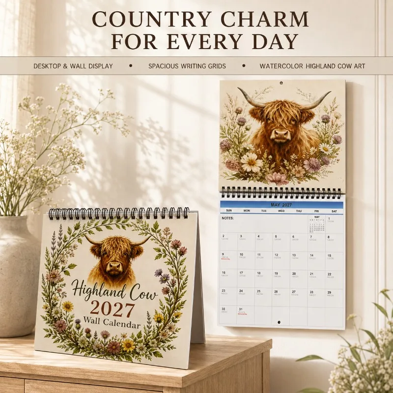 1pc 2027 Wall Calendar, Highland cow wall hanging calendar, 12-Month Monthly Planner,Perfect Gift for Christmas, New Year