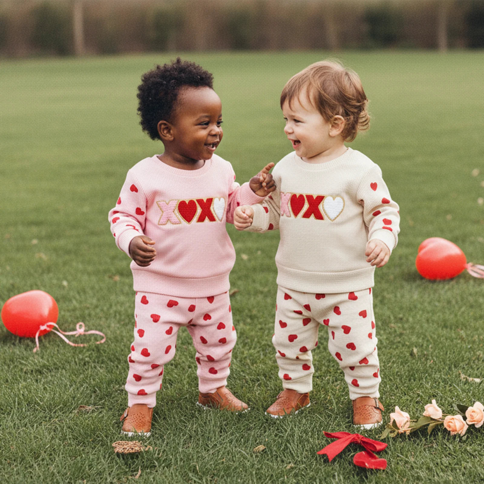 

ViSgogo Одежда для маленьких девочек на День святого Валентина, вафельный пуловер с длинными рукавами и вышивкой букв + штаны с принтом сердца, комплект из 2 предметов