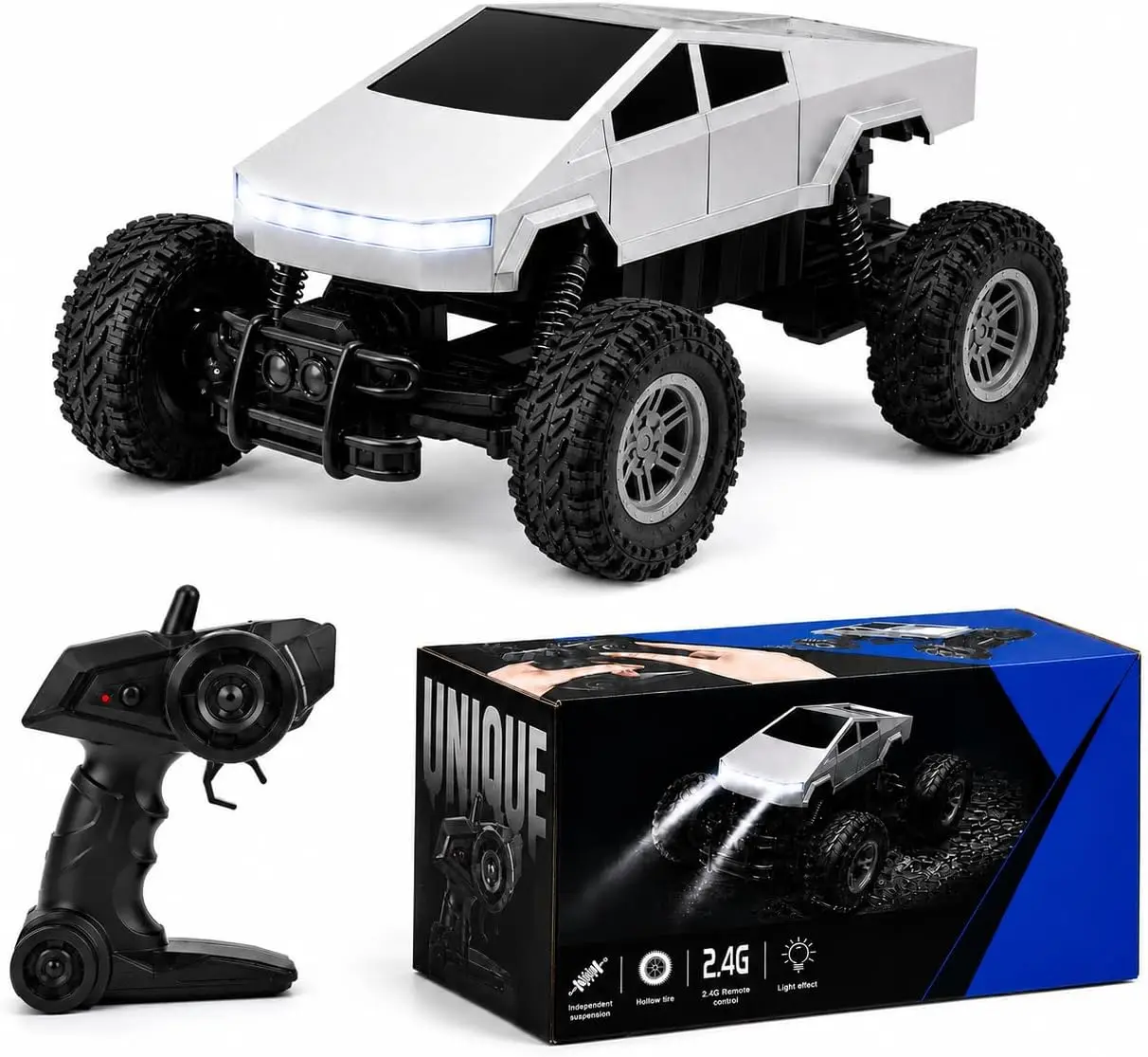 1:18 RC Car Remote Control Truck for Kids, 2.4GHz 4WD Off Road Vehicle with LED Lights, All Terrain Racing Pickup Toy for Boys