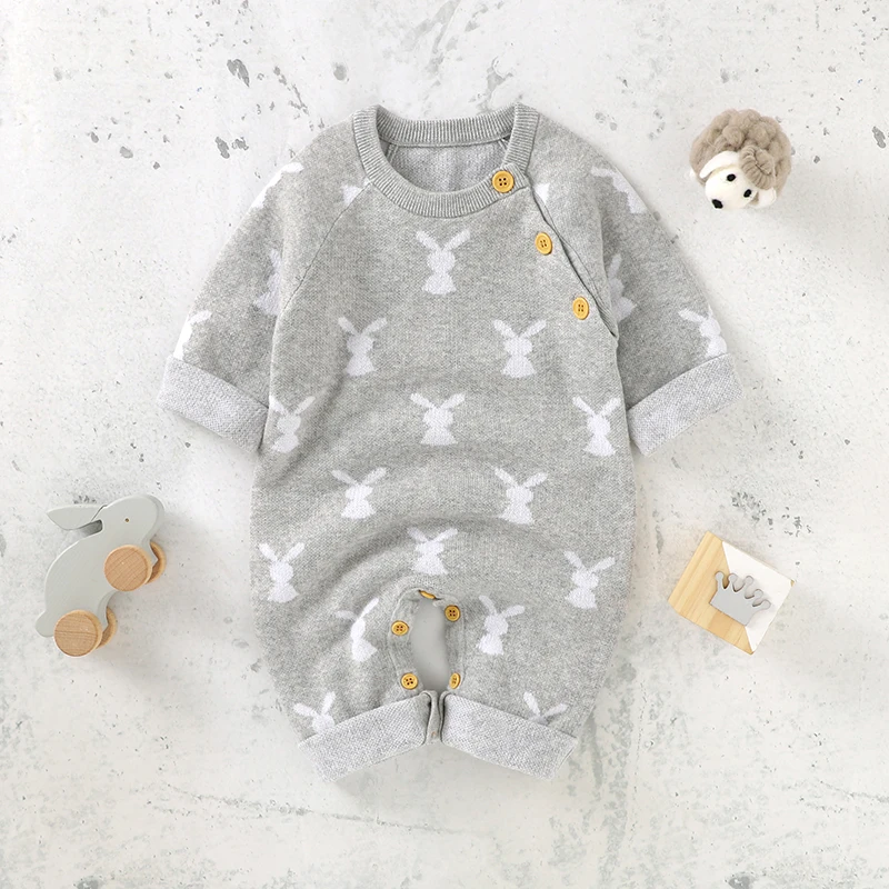 Cute Rabbit Knit Baby Rompers Long Sleeve Newborn Infant Boys Girls Easter Jumpsuits Playsuits One Piece Toddler Netural Outfits