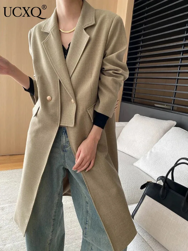 UCXQ Fashion Long jacket Office Lady Double Breasted Asymmetrical All Match Elegant Blazer Coat Women 2025 Spring Autumn 23C1159