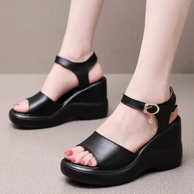 8cm Quality Small Size 32-43 Genuine Leather Shoes Platform Sandals Summer 2024 Womens High Heels Sandals Wedges for Office Mom