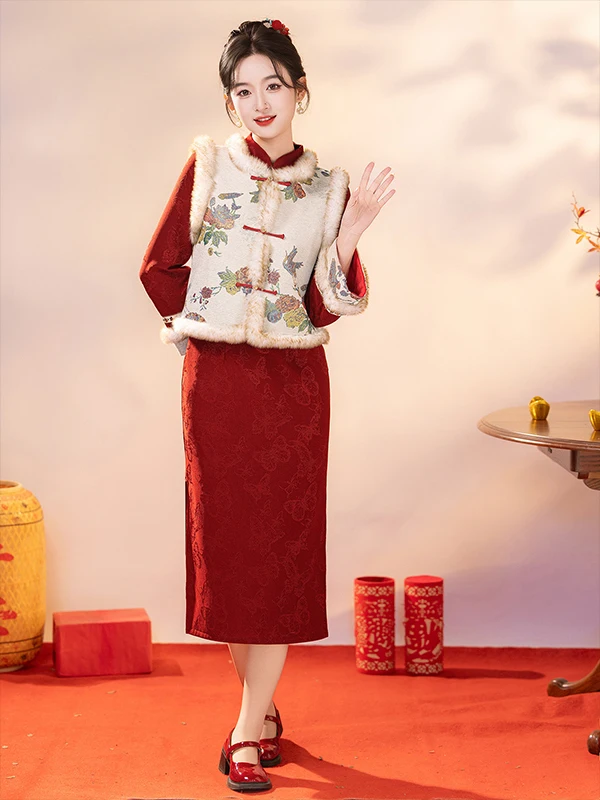 

Red Winter Outfit 2025 New Sle Thiened Fce New Year Ceremony Dr Slim Fit Long Sve Stand Collar Two Pie...