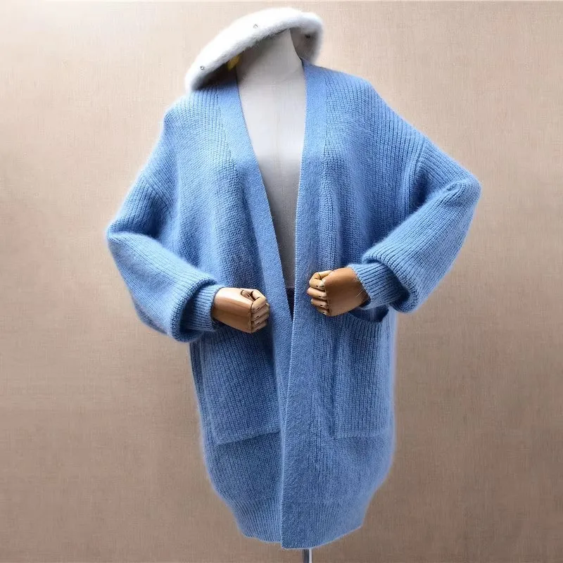 

Ladies Women Fall Winter Hairy Angora Rabbit Hair Knitted Long Sleeves Loose Long Sweater Mink Fur Cardigans Mantle Jacket Pull