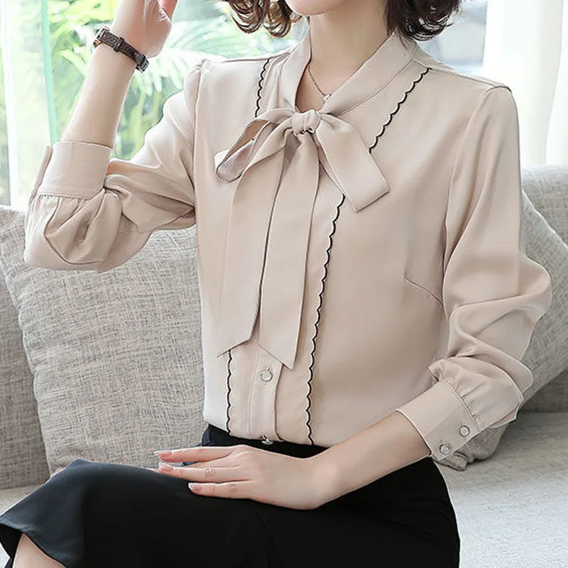 Korean Elegant Lace Up Button Shirt Female Autumn Winter Fashion Solid Color Office Lady Long Sleeve Bow Blouse Women\'s Clothing