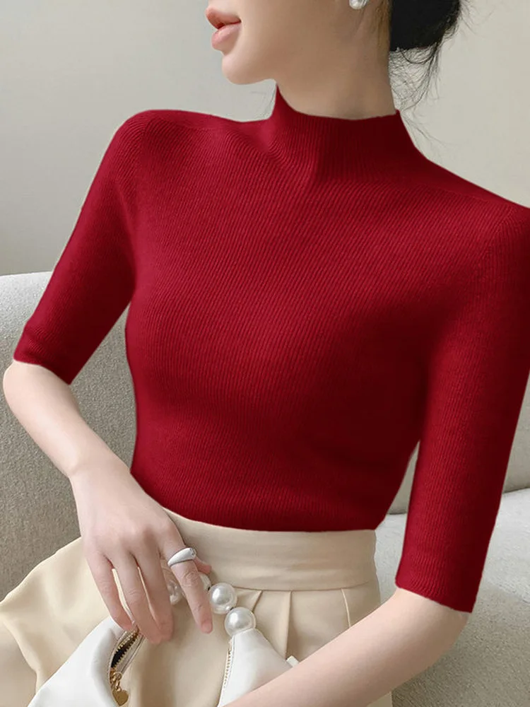 Women's Slim Fit Half High Neck Knit Base Shirt Five Sleeve Tight Body Grey Inner Wear T-Shirt Soft Stretchy round Neck Top