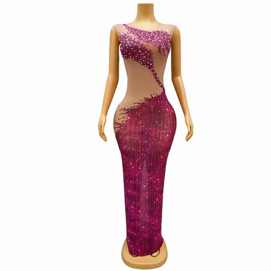 Sparkly Rhinestones Long Dress for Women Sexy Mesh See Through Celebrate Evening Prom Birthday Photo Shoot Dress Stage Wear