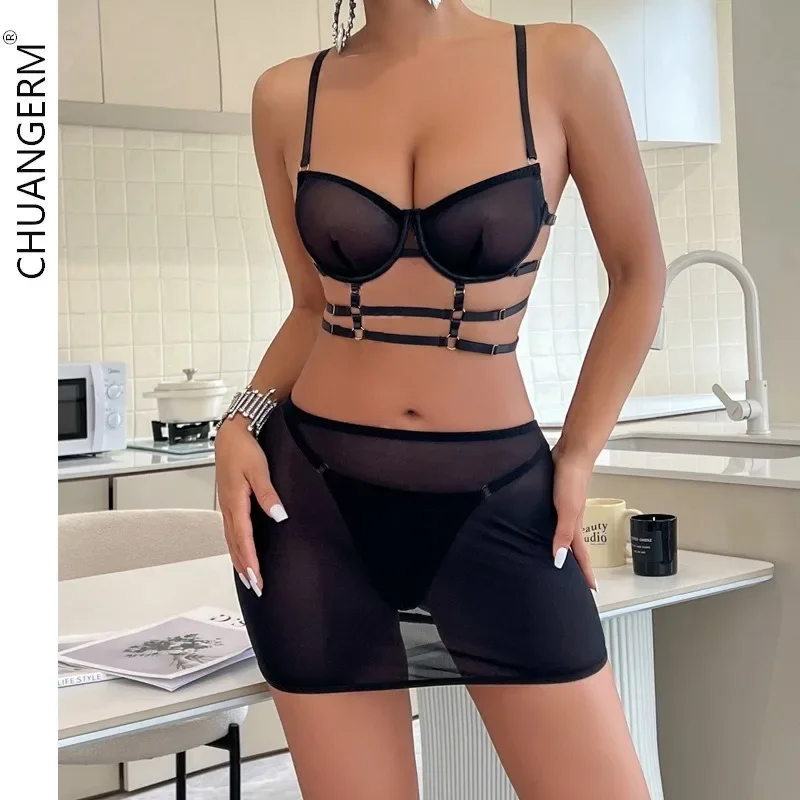 

CHUANGERM Women's Sexy Lingerie Set See-through Mesh Transparent Belt Matching Bra and Panty Lingeries Sets 4 Piece Onlyfans Kit