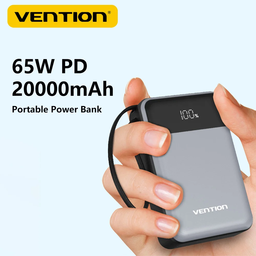 

Vention Power Bank 20000mAh 65W PD Fast Charging Built-in USB-C Cable Portable Powerbanks Auxiliary Spare Battery for iPhone 15