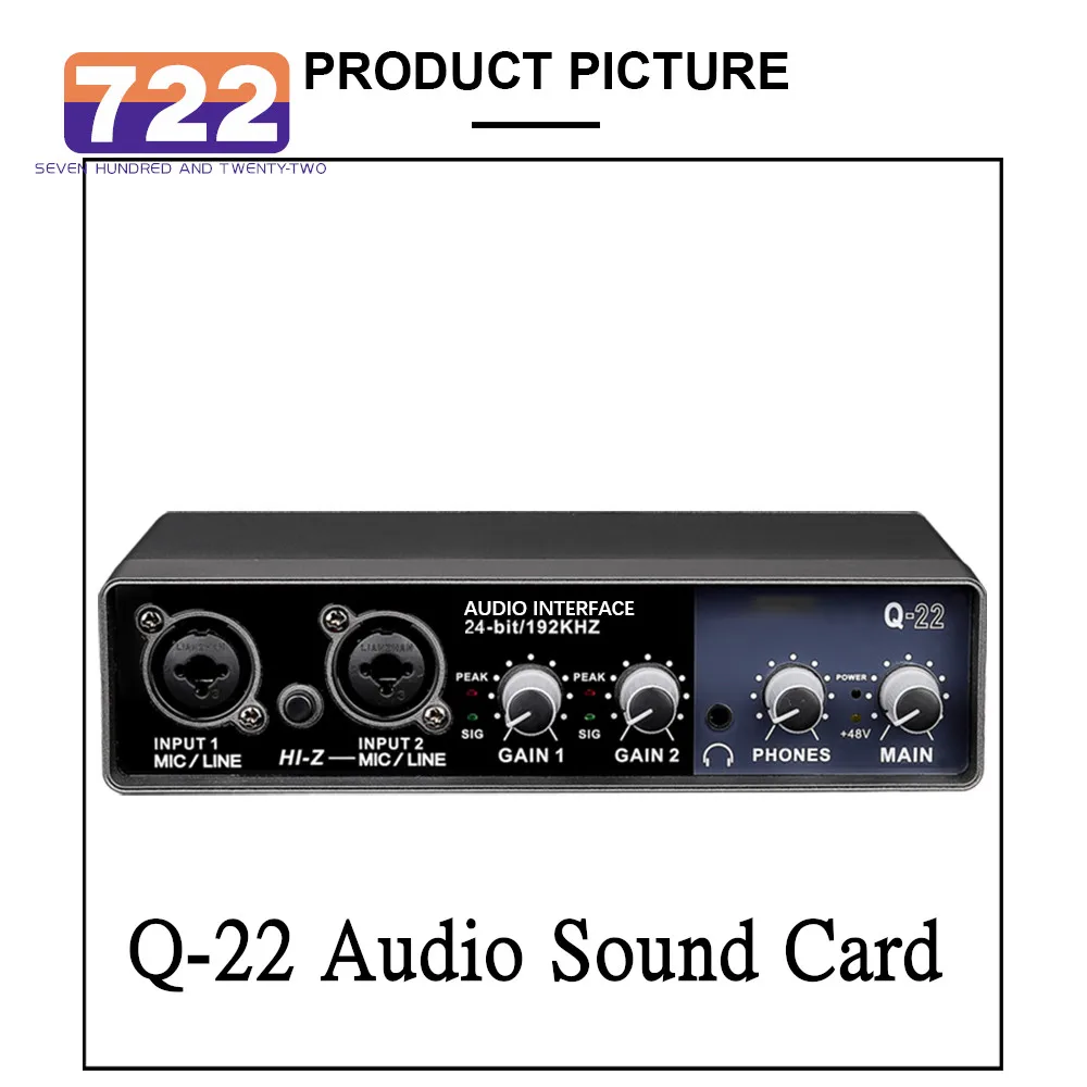 

Q-22 Audio Interface Professional Studio Sound Card with Monitor 48V Phantom Power Sound Mixer For for Live Broadcast Studio