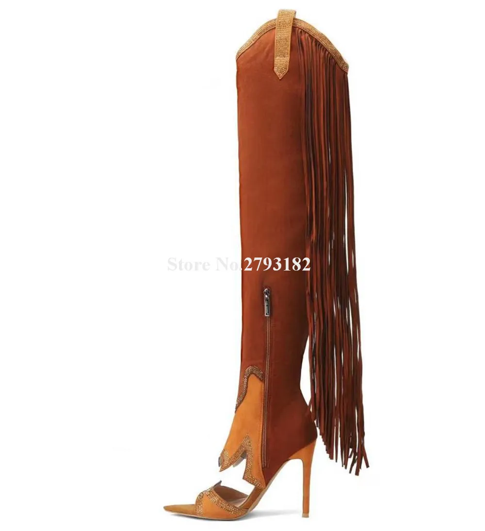 Charmming Brown Blue Suede Long Tassels Thin Heel Knee High Gladiator Boots Pointed Open Toe Cut-out Rhinestones Long Boots