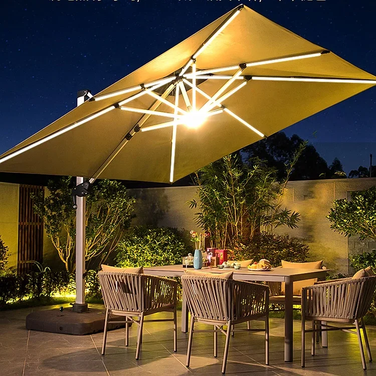 

2026 Wholesale Cantilever Umbrella 12ft Solar Umbrella & Base LED Parasols Patio Outdoor Garden Outdoor Furniture Umbrellas Natu