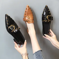 Women's Spring 2024 New Rivet Women's Pointed Toe Thick Heels Fashion British Style Loafer Female Slip on Shoes Zapatillas Mujer