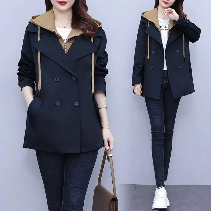 

Spring Autumn Splicing Trench Coat Women 2023New Mid Long zipper Hooded Women Trench Coat Overcoat Windbreaker Female Outerwear