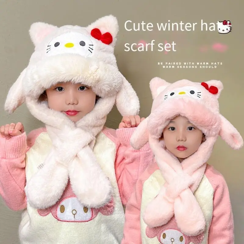 الأطفال الخريف الشتاء لطيف مرحبا كيتي أفخم قبعة وشاح سانريو Kawaii الاطفال يندبروف الدافئة سدادات حماية الأذن رشاقته لينة قبعة هدية #2