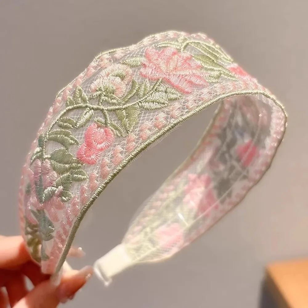 Non-slip Embroidered Floral Headband Breathable Wide-sided Pastoral Hair Hoop Lightweight Exquisite Wide Brim Hairband