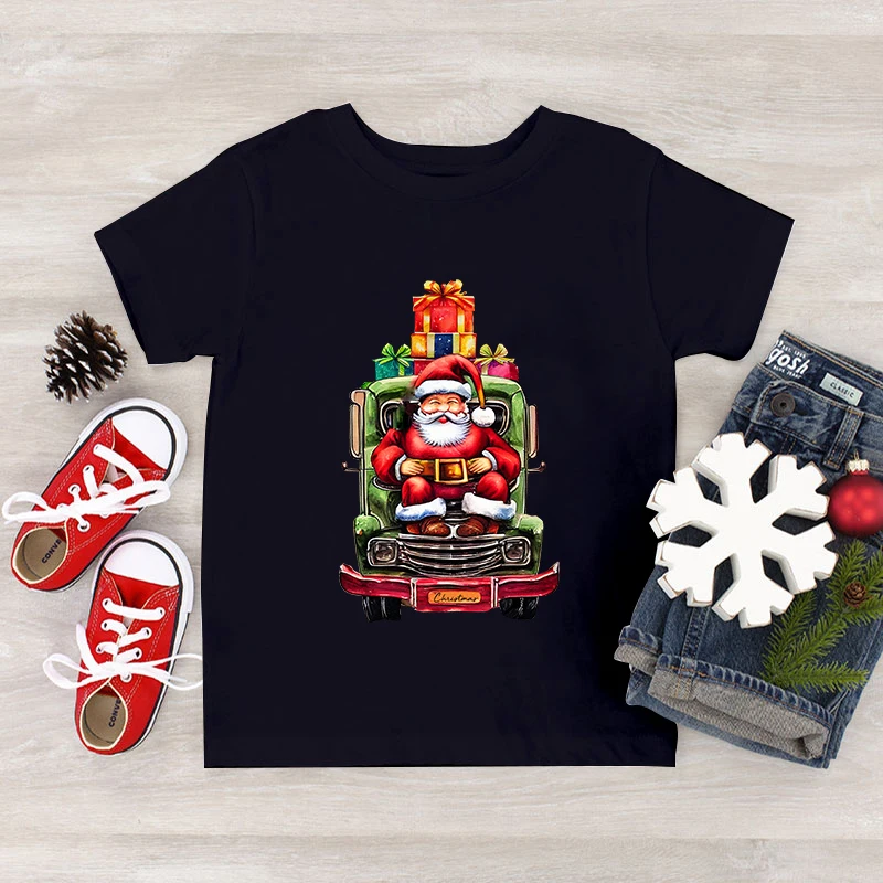 Santa Claus Truck Christmas Gift Print Kids T-shirt Fashion Short Sleeve Clothing Christmas Party Boys Girls Cartoon Xmas Tshirt