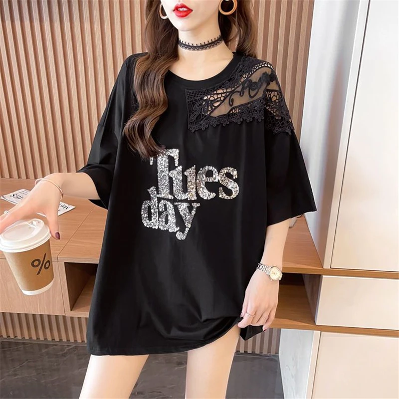 2023 Women Korean Fashion Sexy Lace Patchwork Sequin Oversize T Shirt Summer Black White Short Sleeve Streetwear Tunic Tops Ropa