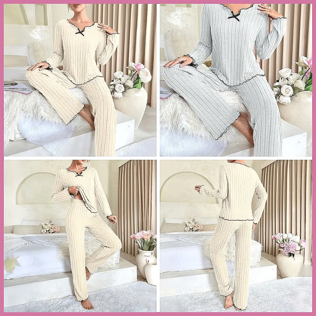 

Women's Pajama Set Winter Long Sleeve V-Neck Bow Top & Pants, Home Lounge Sleepwear