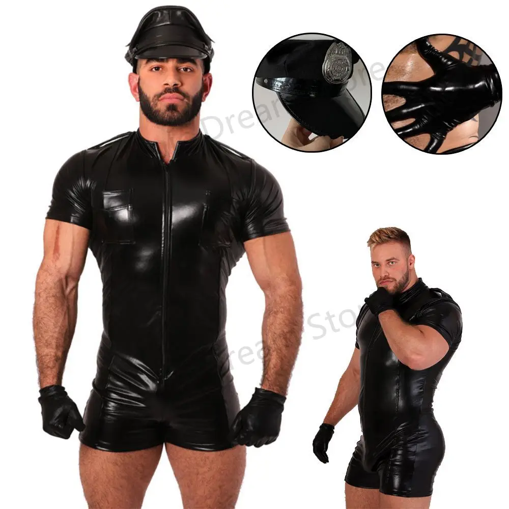 Mens Body Latex Catsuit Leather Man Jumpsuits Stretch PVC Bodysuits Stretch Tight Sexy Clubwear Men Zipper Front Vinyl Body Suit