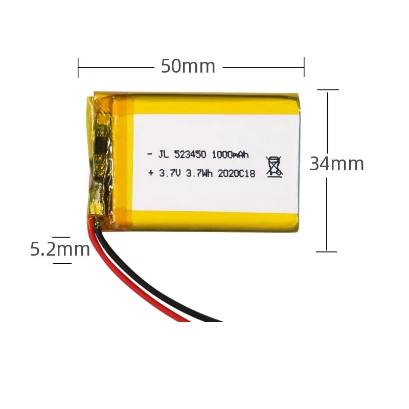 523450 3.7V 1000mAh Polymer Lithium Battery Jst PH 2.0mm 2pin Plug for Electric Beauty Instrument Bluetooth Headset Speaker