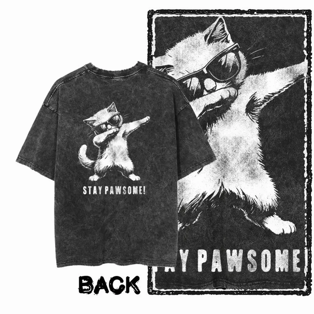 

New Vintage Washed Sunglasses Dancing Cat Graphic Stay Pawsome Slogan Men T Shirt Oversized Black T-Shirt Retro Streetwear