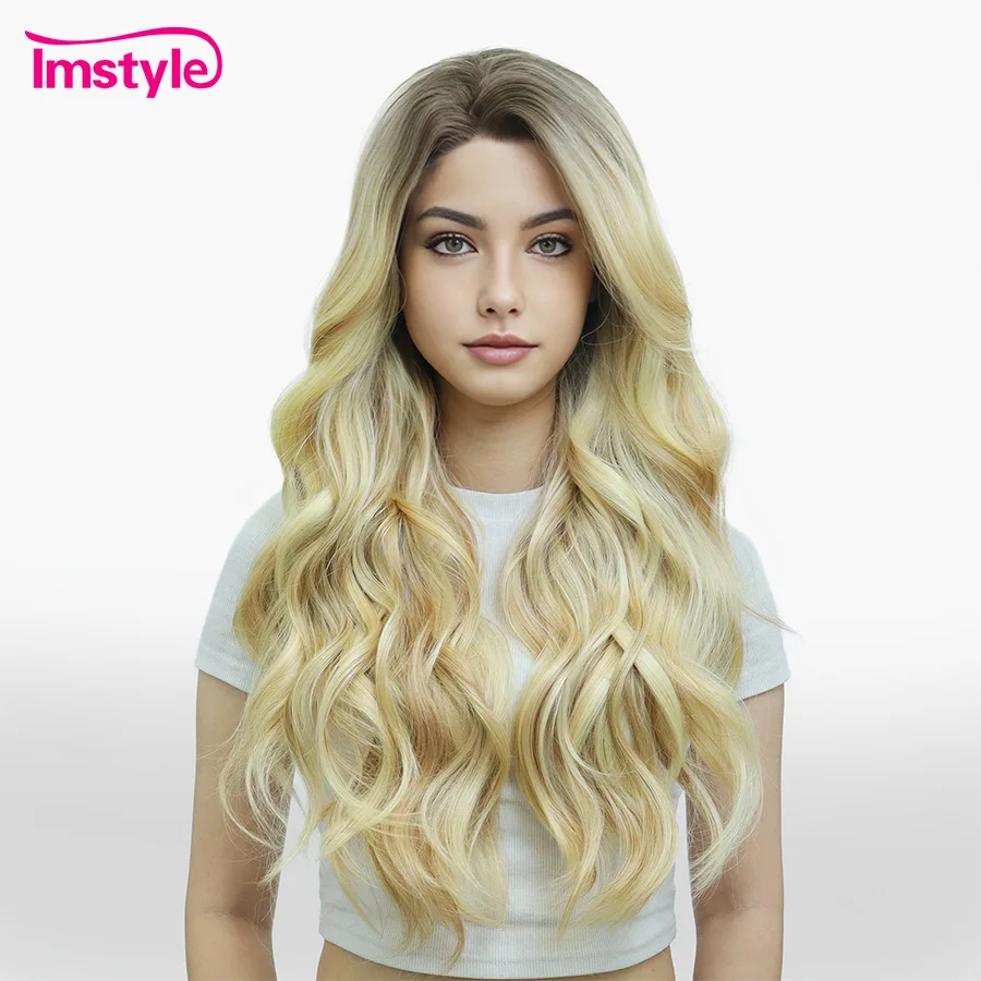Imstyle Ombre Blonde Synthetic Lace Front Wig Long Natural Wavy Hair for Women Heat Resistant Daily Wear