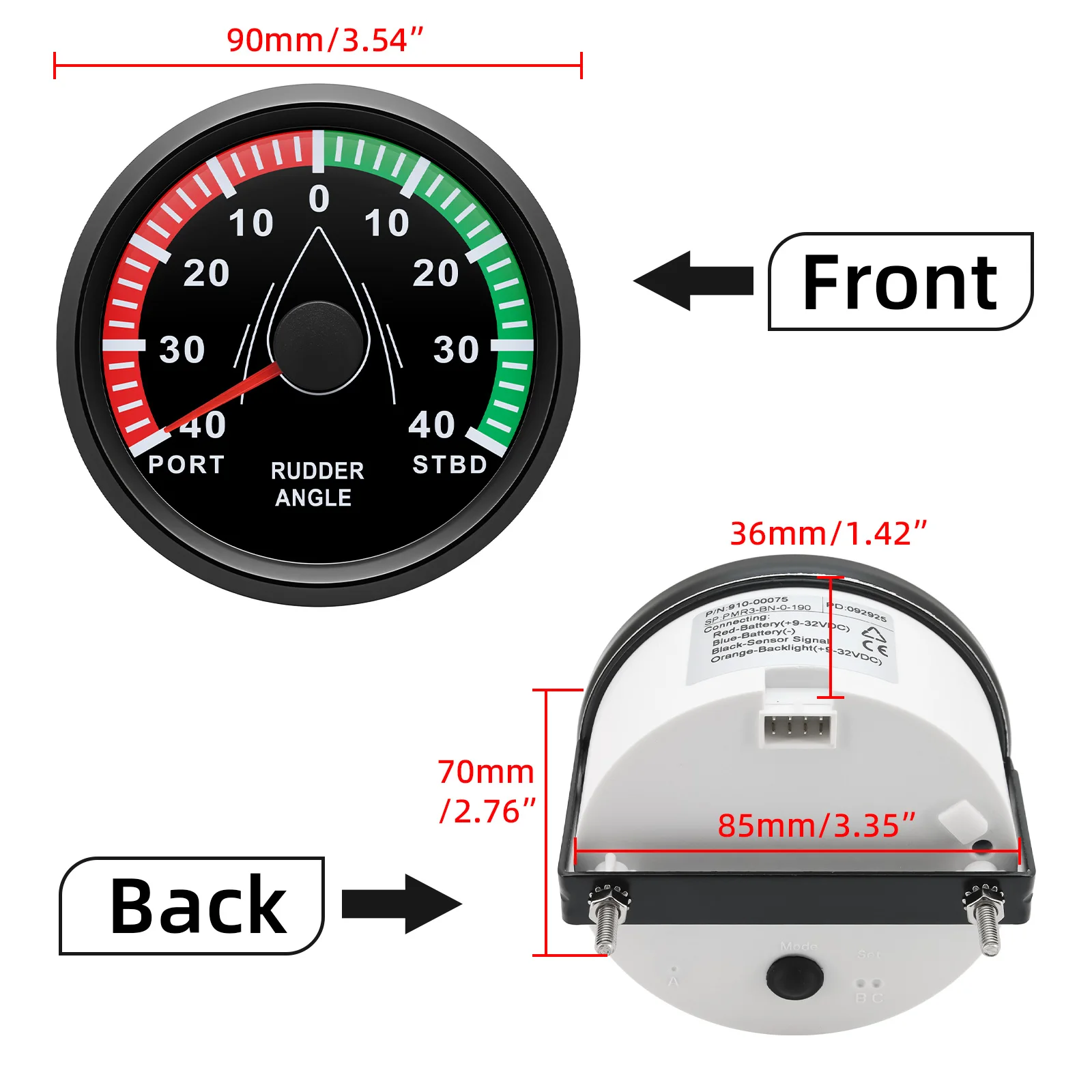 85mm Rudder Position Indicator PORT STBD Rudder Angle Meter 0-190 ohm Rudder Angle Sensor for Boat Yacht RV Marine 12V/24V
