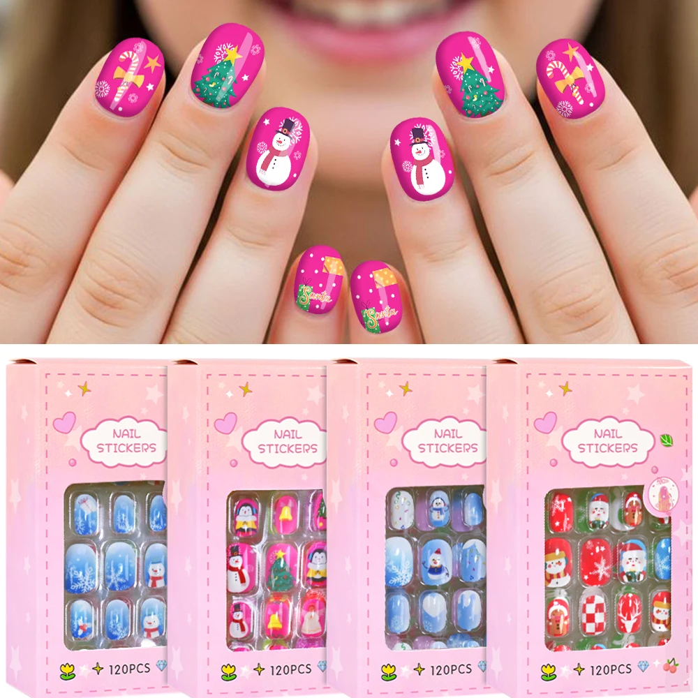 24*5style(120pcs/Box) Cute Christmas Children's Fake Nails Full Cover Glossy Short Square Shape False Nails Xmas Gifts For Kids