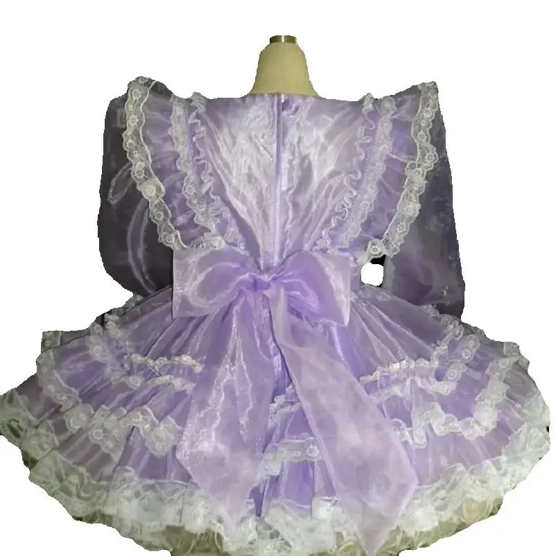 New Sissy Lockable Sexy Purple Organza Long Sleeve Multi-layer Lace Ruffle Dress Maid Costume Customization